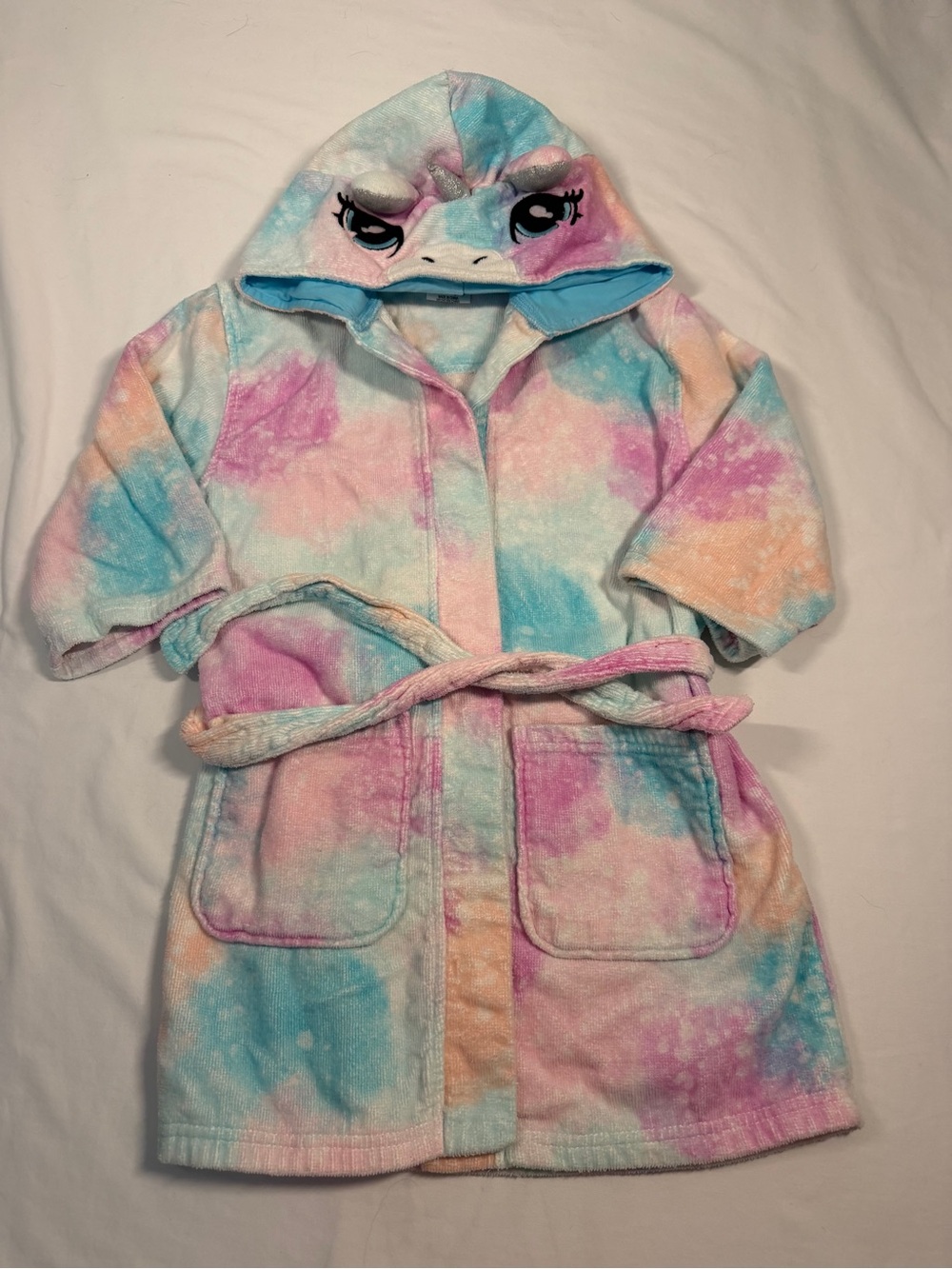 Saint Eve Children's XS 5/6 Plush Unicorn Hooded Robe - Pastel Tie-Dye